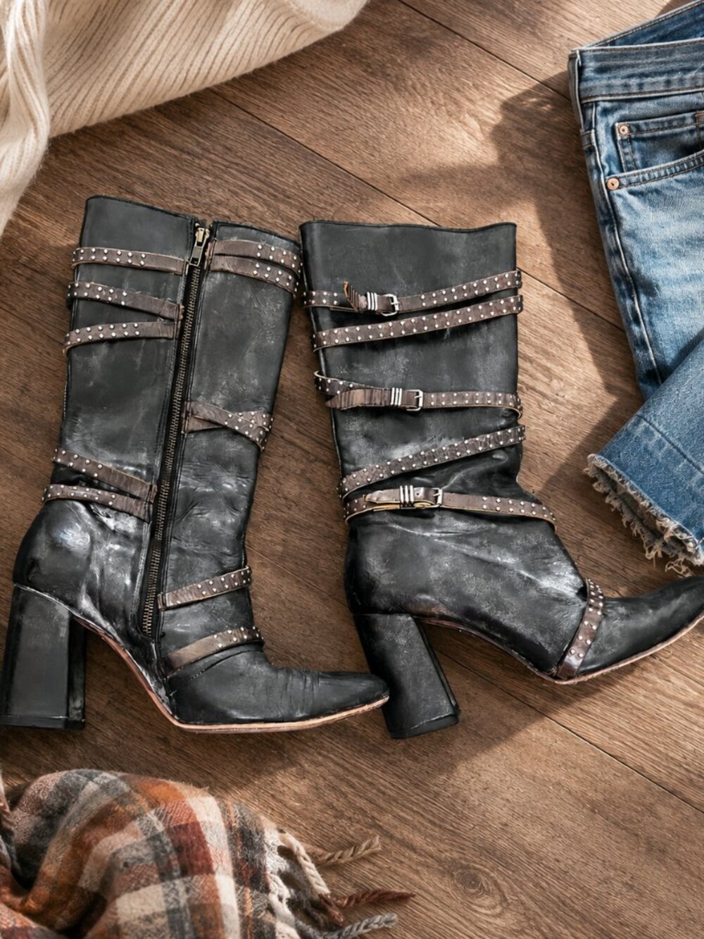Freebird by Steven JAX Black Leather Studded Wrap Boots Women’s 10
